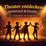 Silhouetten von Jugendlichen auf einer Theaterbühne unter Scheinwerfern beim kreativen Schauspiel.