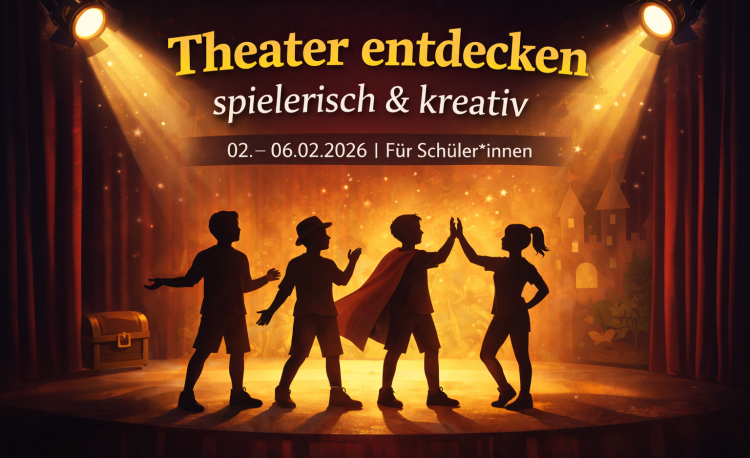 Silhouetten von Jugendlichen auf einer Theaterbühne unter Scheinwerfern beim kreativen Schauspiel.