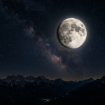 Full moon and Milky Way over mountainous landscape at night