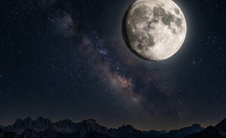 Full moon and Milky Way over mountainous landscape at night